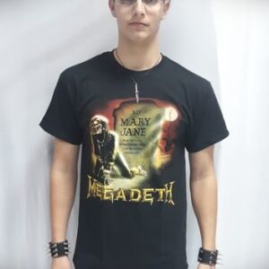 Черна метъл тениска на Megadeth с дизайн Mary Jane пред надгробна плоча