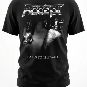 Black T-shirt back design with metallic Accept logo and Balls to the Wall text.