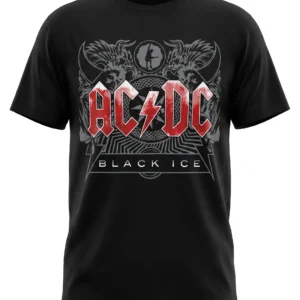 Предната част на тениската включва детайлен дизайн, посветен на албума Black Ice на AC/DC.