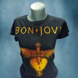 дамска рок тениска Bon Jovi черна със златно лого и символ сърце с кама