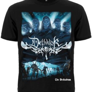 Метъл тениска Dethklok Dethalbum със сини портрети на бандата