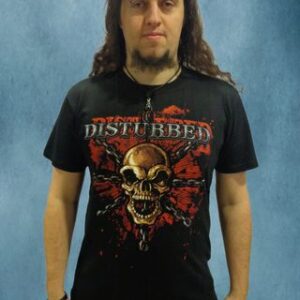 Черна метъл тениска Disturbed с качествена топ щампа на златист череп и червени акценти