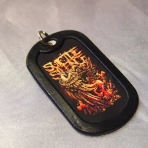 Двулицев рок медальон плочка Suicide Silence с огнена графика и череп