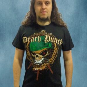 Метъл тениска Five Finger Death Punch с череп със зелена каска