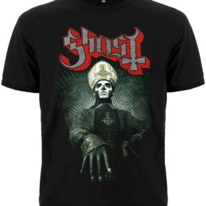 Рок тениска Ghost Papa Emeritus с лого и зелена фонова щампа