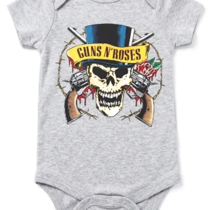 Сиво бебешко боди Guns N' Roses с щампа на череп с цилиндър и два револвера
