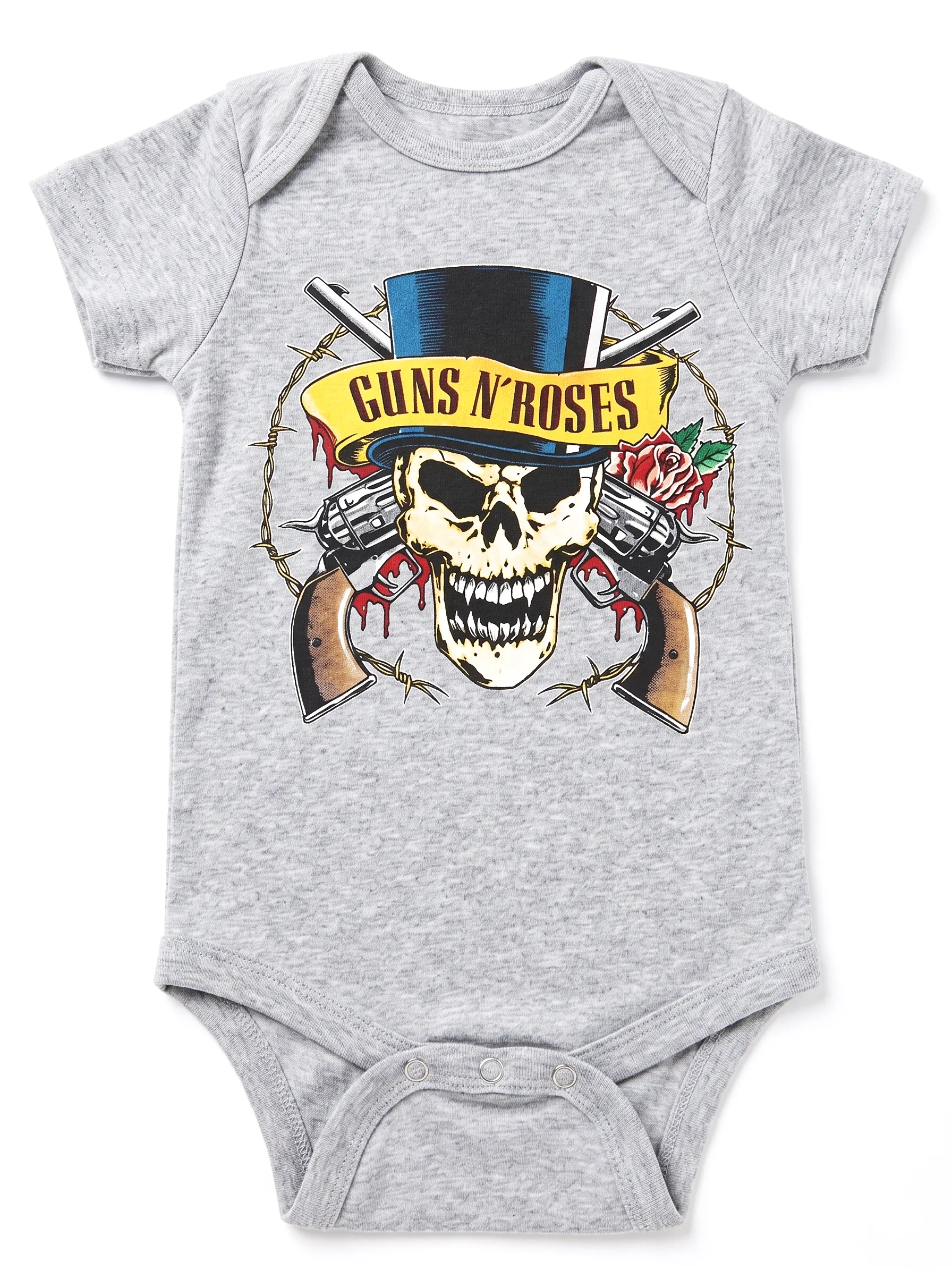 Сиво бебешко боди Guns N' Roses с щампа на череп с цилиндър и два револвера