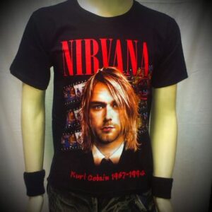 рок тениска Nirvana черна с портрет на Кърт Кобайн и червено лого