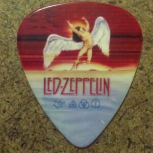 Перце за китара Led Zeppelin Swan Song с ангел върху оранжев фон и знаци на групата