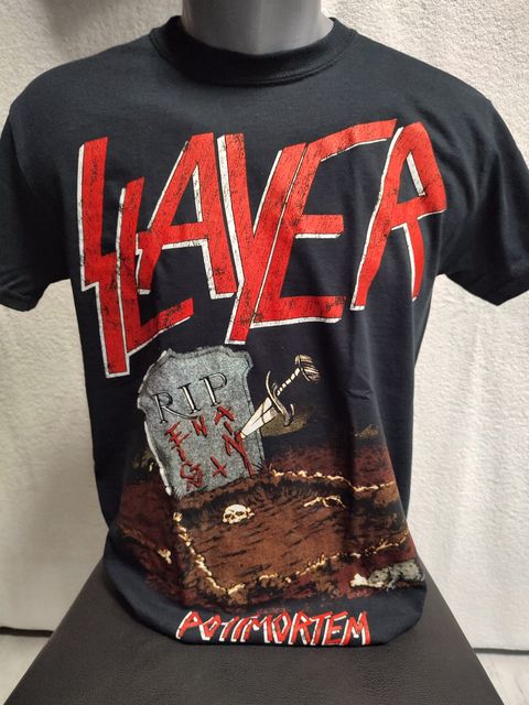 Метъл тениска Slayer Postmortem с надгробен камък и голямо червено лого