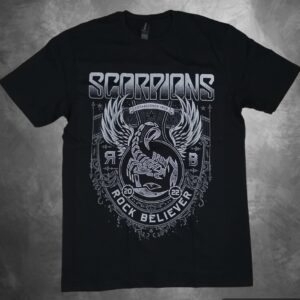 Черна рок тениска Scorpions с графичен дизайн на скорпион с крила и надпис Rock Believer