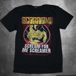 Черна рок тениска Scorpions с жълт скорпион и надпис Scream for me Screamer
