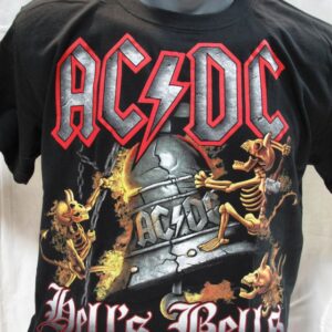 Черна рок тениска AC/DC - Hells Bells с голяма камбана, скелети и червено лого