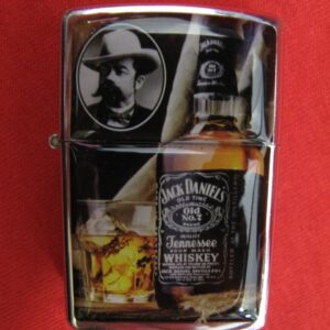 Метална бензинова запалка Jack Daniels с бутилка уиски и портрет