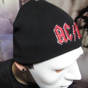 Зимна плетена рок шапка AC/DC с червено бродирано лого - Hover Image