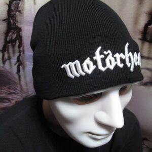 Зимна плетена рок шапка Motörhead с бяло бродирано лого - Hover Image