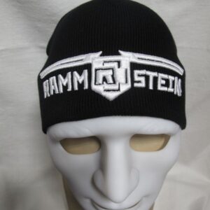 Зимна черна шапка Rammstein с бяло бродирано лого на черен фон