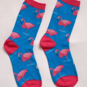 Сини памучни чорапи под коляното с розови фламингота и розови пети Heaven Socks размер 35-40