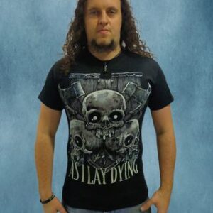 Черна метъл тениска As I Lay Dying с детайлна щампа на три черепа и брадви