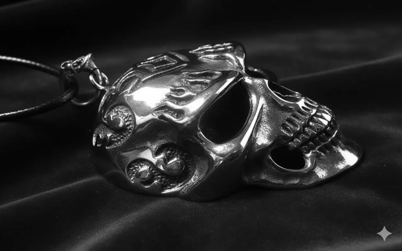 Масивен Мъжки Медальон Череп (Skull) с Готик гравировки от полирана неръждаема стомана,