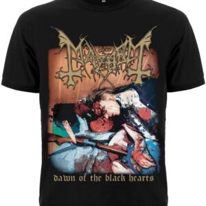 Тениска Mayhem Dawn of the Black Hearts с обложката на албума Заглавие на снимка: teniska-na-mayhem-dawn-of-the-black-hearts-black-metal Описание на снимка: Черна памучна тениска на Mayhem с прословутата обложка от албума Dawn of the Black Hearts и логото на групата.