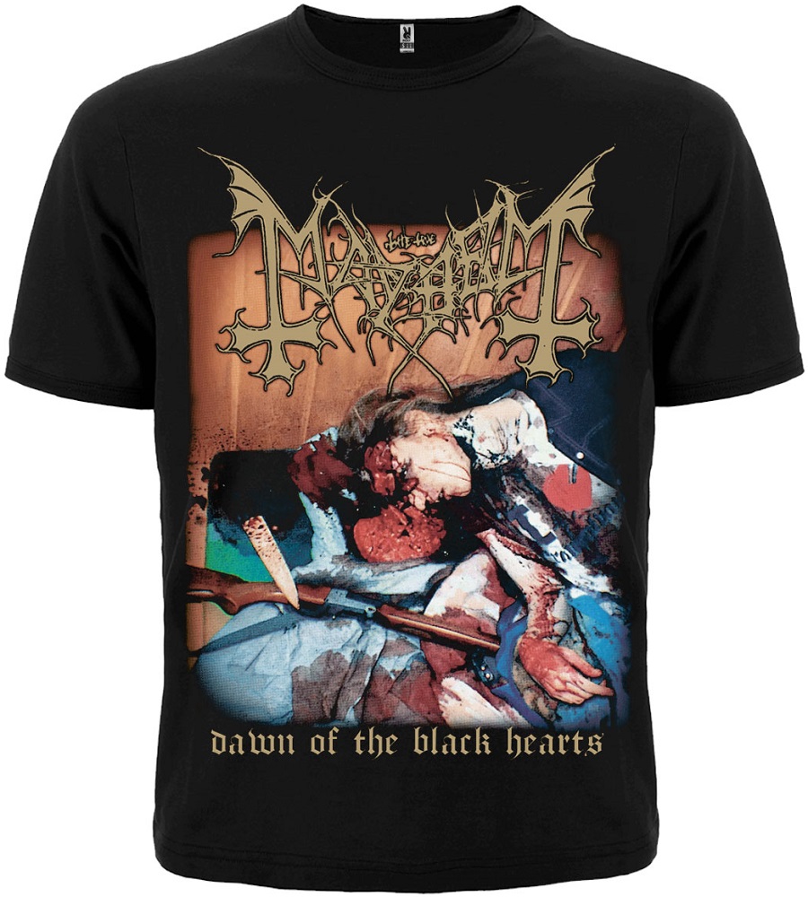 Тениска Mayhem Dawn of the Black Hearts с обложката на албума Заглавие на снимка: teniska-na-mayhem-dawn-of-the-black-hearts-black-metal Описание на снимка: Черна памучна тениска на Mayhem с прословутата обложка от албума Dawn of the Black Hearts и логото на групата.