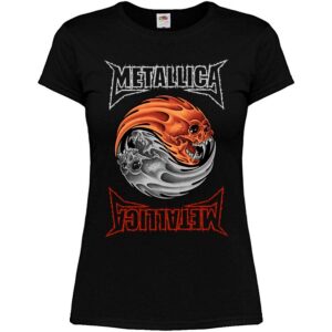 Дамска рок тениска Metallica с дизайн Ин и Ян от два горящи черепа