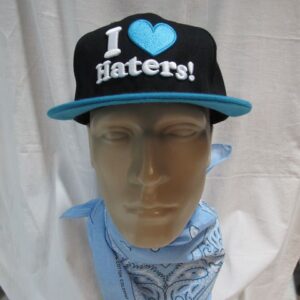 Черна унисекс шапка с права козирка I love haters и синя 3D бродерия