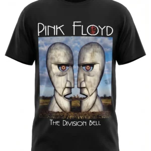 Черна тениска Pink Floyd с иконичния принт от албума The Division Bell с двете метални глави.