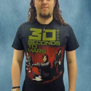 черна музикална тениска 30 Seconds To Mars със зелено лого и червен принт с групата