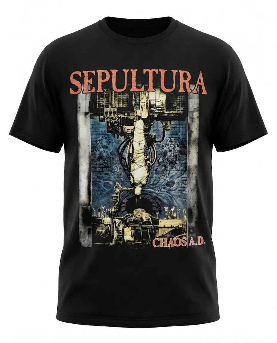 Черна тениска Sepultura с графичен принт от албума Chaos A.D.