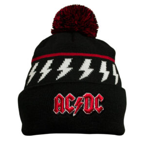 Черна зимна шапка на AC/DC с червено лого, бели светкавици и двуцветен помпон