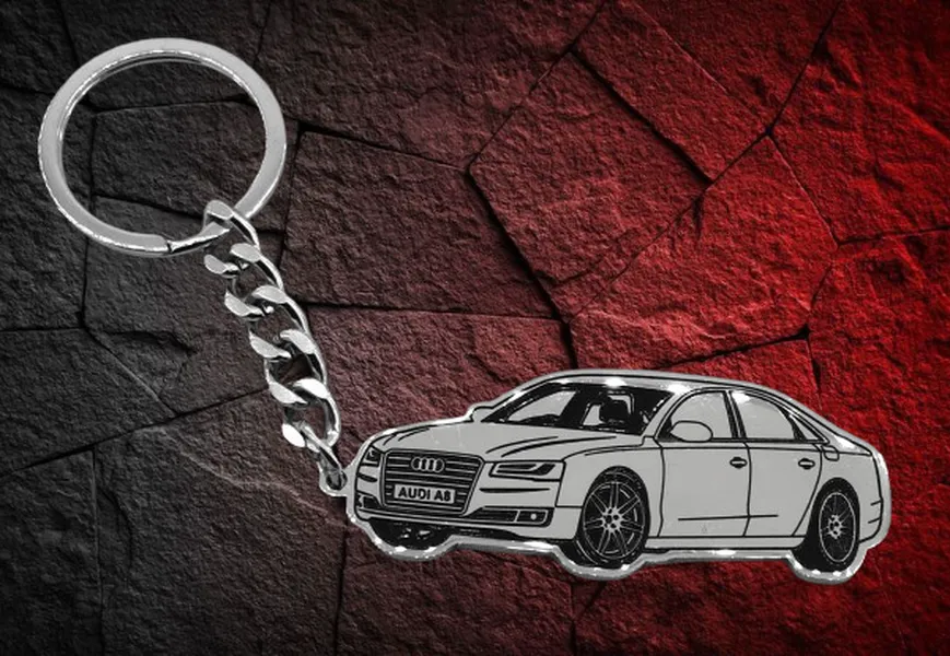 Сребрист метален ключодържател със силует на Audi A8 от медицинска стомана отзад