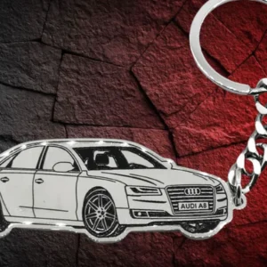 Сребрист метален ключодържател със силует на Audi A8 от медицинска стомана отпред