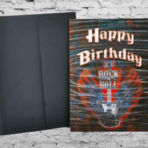 3D картичка за рожден ден с електрическа китара, крила, надпис "Happy Birthday" и "ROCK N ROLL".