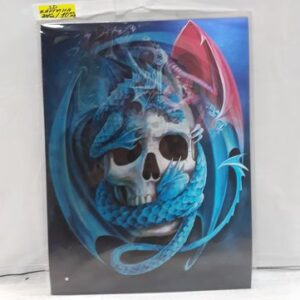 3D плакат Череп и Син Дракон с разперени криле на тъмен фон
