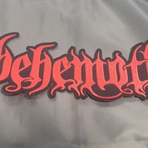 Голяма бродирана нашивка Behemoth с червено лого върху тъмносив фон.