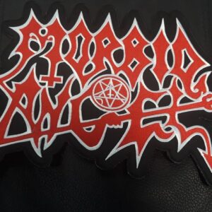 Бродирана нашивка за гръб Morbid Angel с червено лого и пентаграм.
