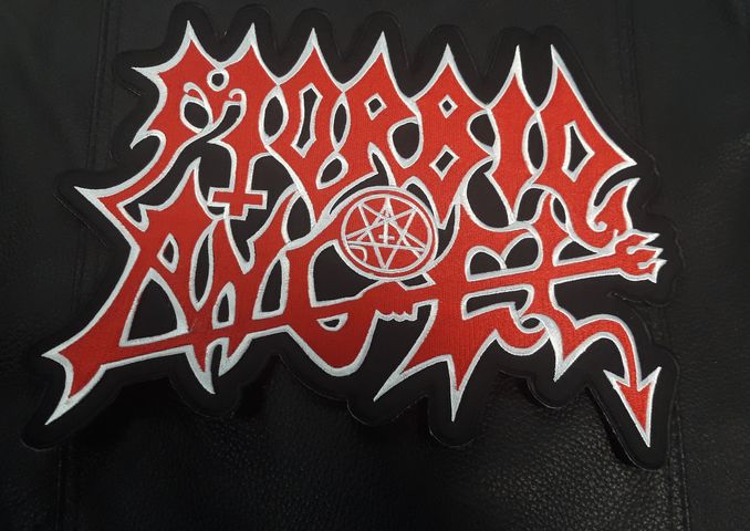 Бродирана нашивка за гръб Morbid Angel с червено лого и пентаграм.