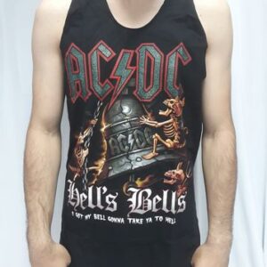 Черен мъжки потник от памук AC/DC Hell's Bells на разпродажба с голяма щампа
