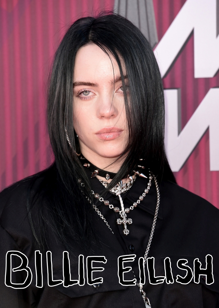 малък плакат за стена на Billie Eilish с черна коса и масивни вериги