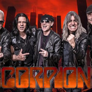 хеви метъл постер на Scorpions групата на червен фон