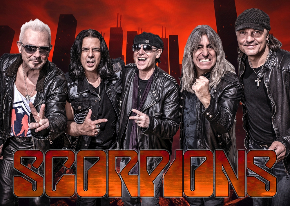 хеви метъл постер на Scorpions групата на червен фон