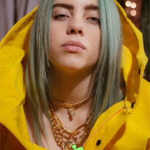 плакат на Billie Eilish с малък размер жълто яке и синя коса