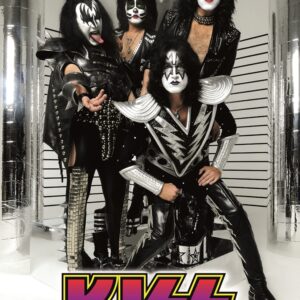 плакат за стена на Kiss с бандата в костюми и грим на бял фон