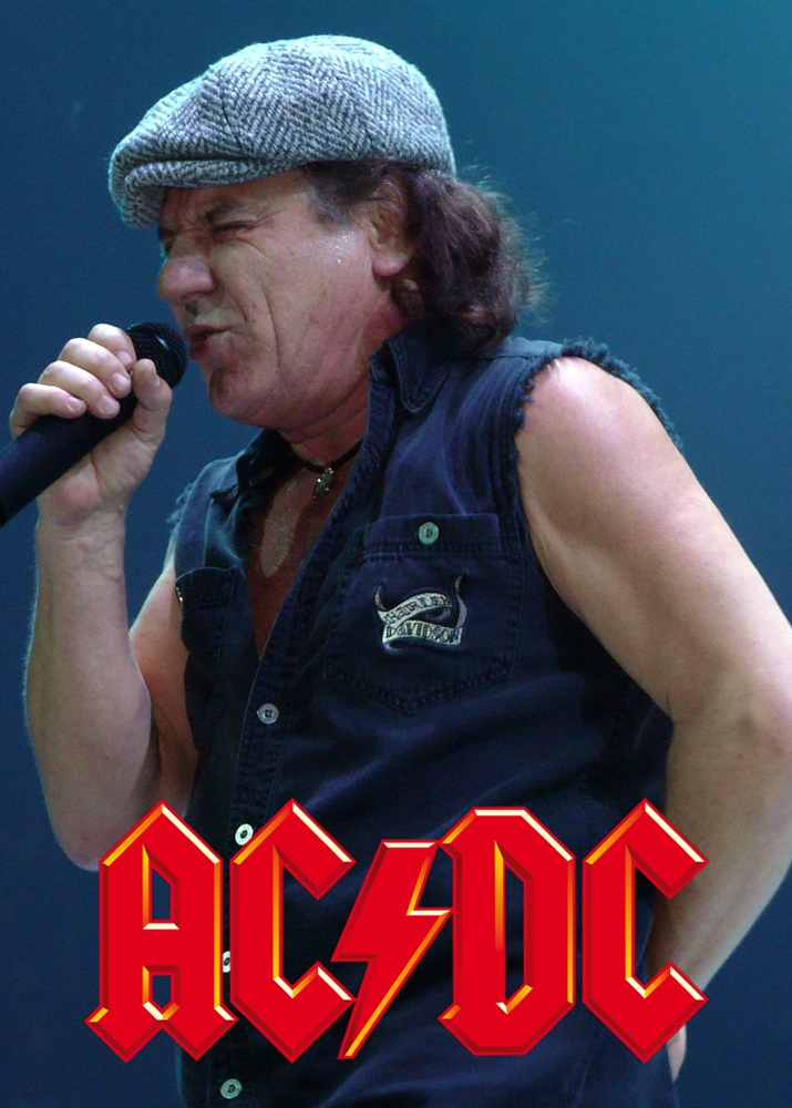плакат за стена на AC/DC с вокалиста Брайън Джонсън и червено лого