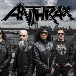малък постер на Anthrax с групата на фона на Ню Йорк