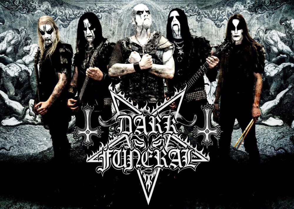 Плакат за стена Dark Funeral с петимата членове в corpse paint и голямо лого с пентаграма