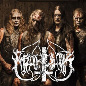 Плакат за стена Marduk с четиримата членове в corpse paint и голямо бяло лого