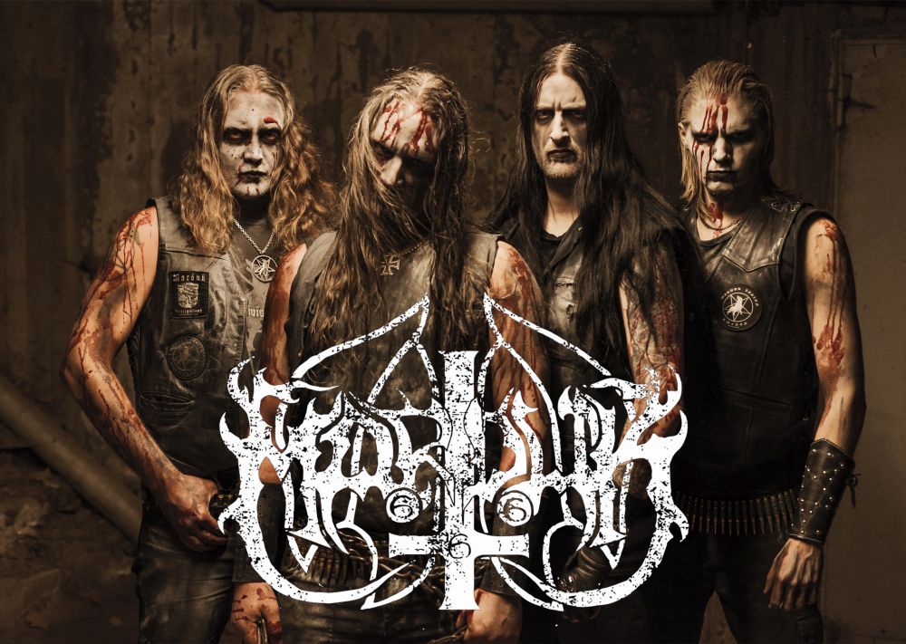 Плакат за стена Marduk с четиримата членове в corpse paint и голямо бяло лого